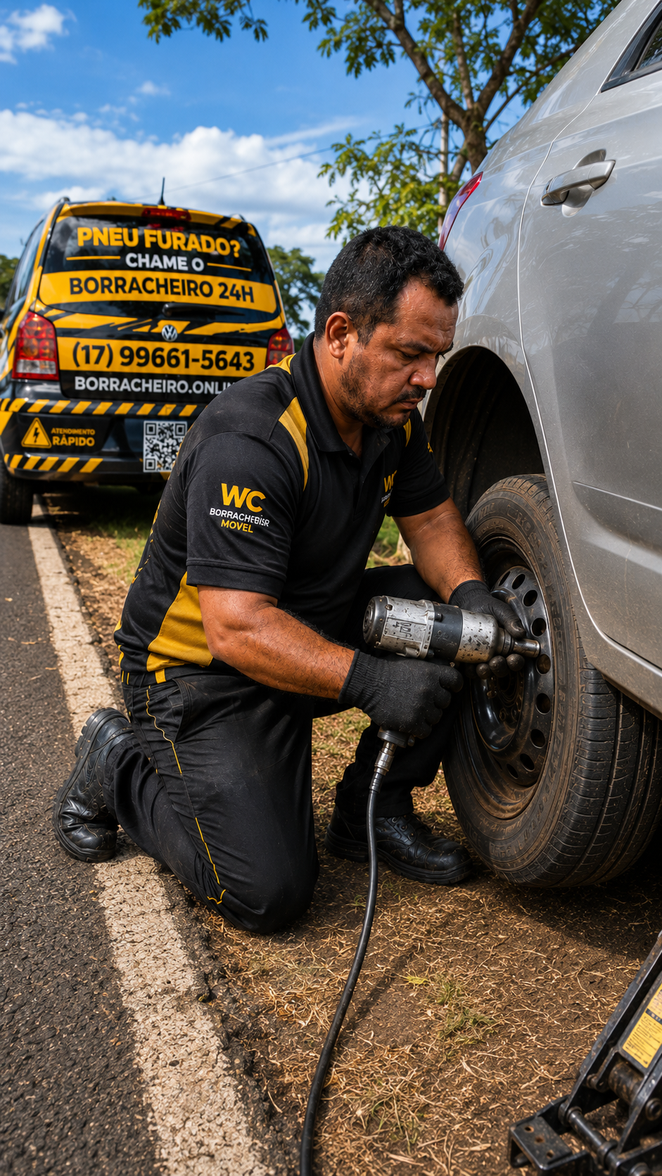 Técnico da WC Borracharia Móvel realizando atendimento de borracharia 24 horas com chave de impacto em São José do Rio Preto