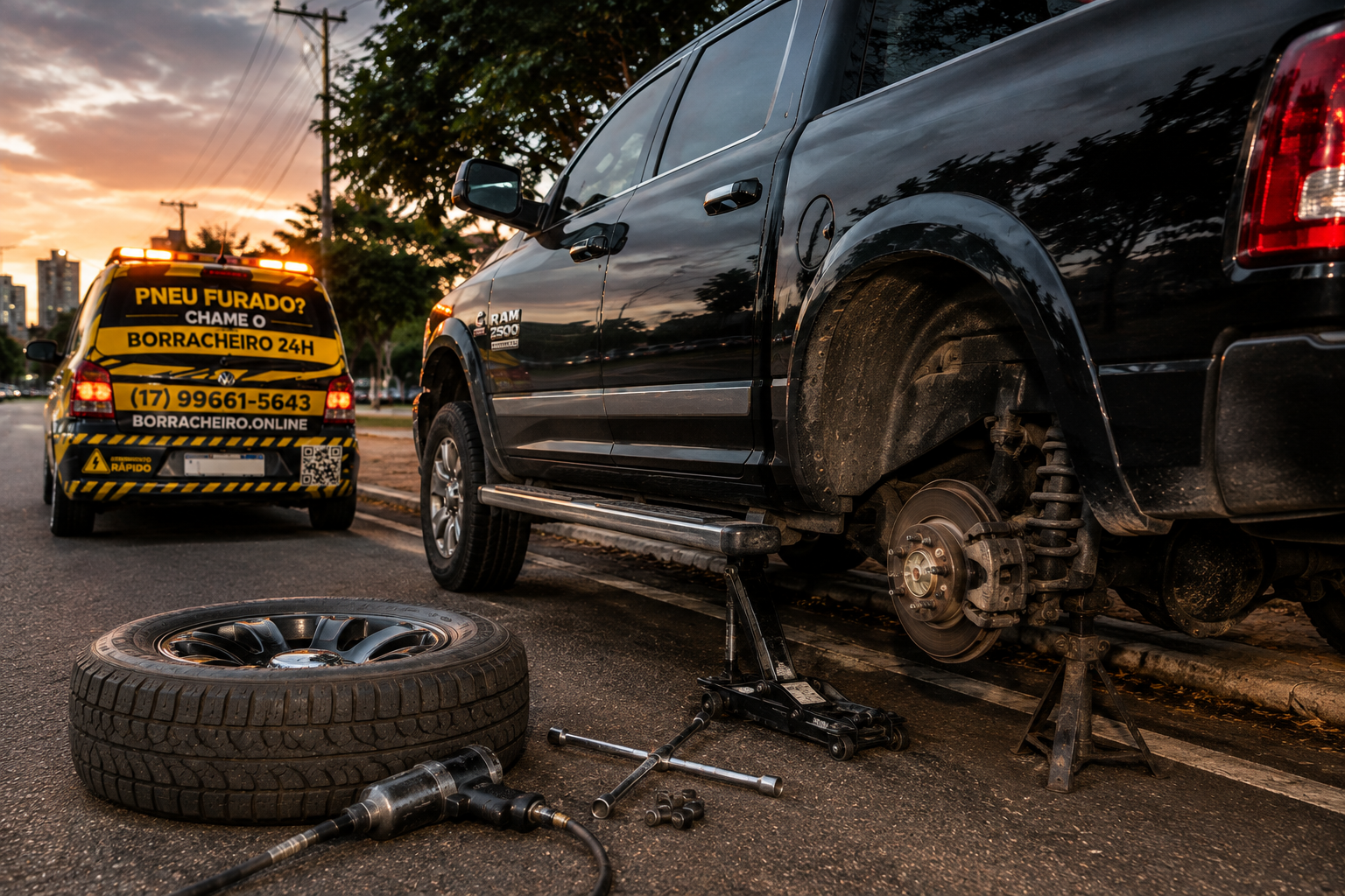 RAM 2500 com roda removida durante atendimento de borracharia móvel em São José do Rio Preto